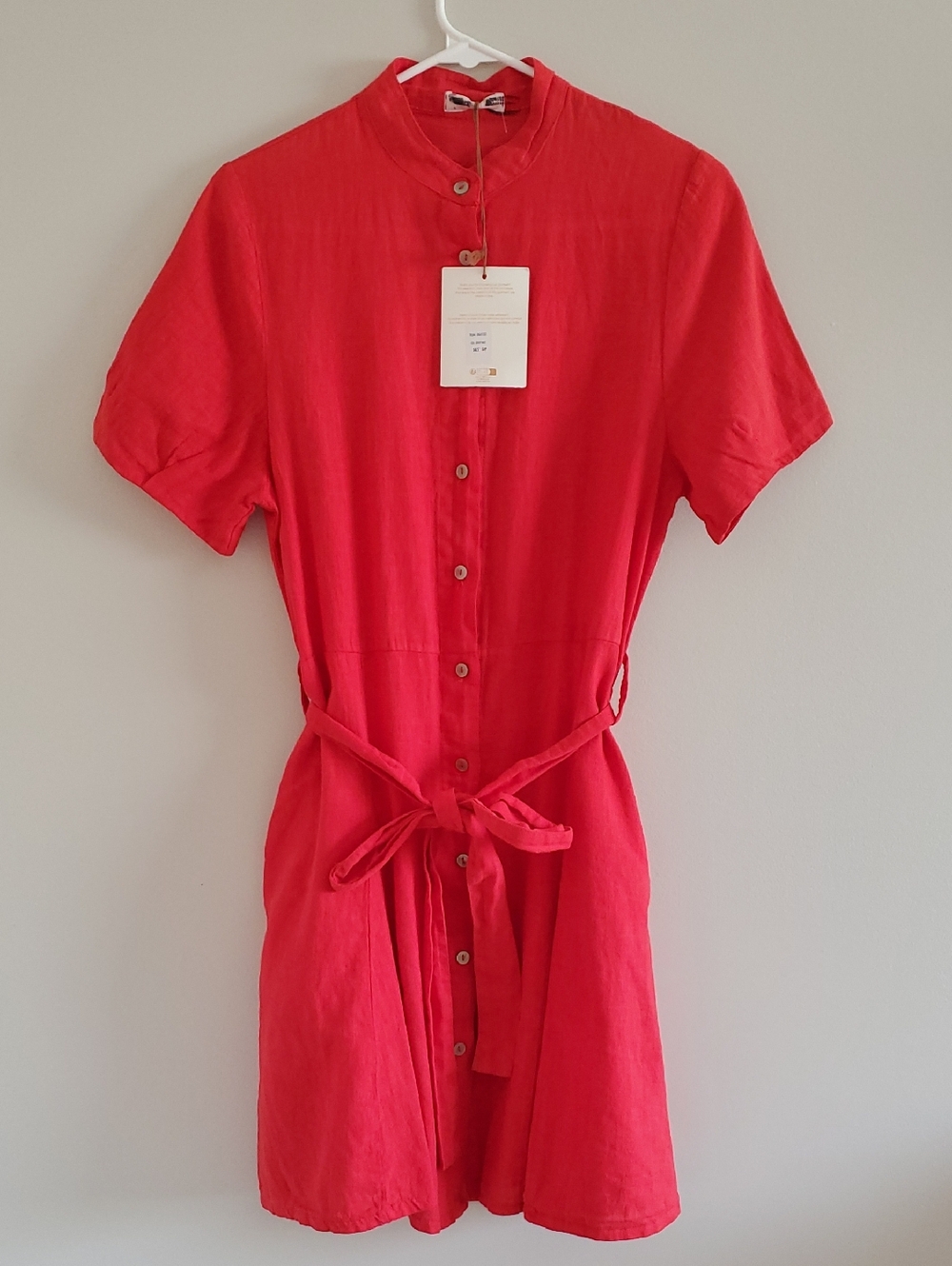 NWT Spighe Di Lino Red Button-Front Mini Linen Cotton Blend Tie Waist Dress Sz S